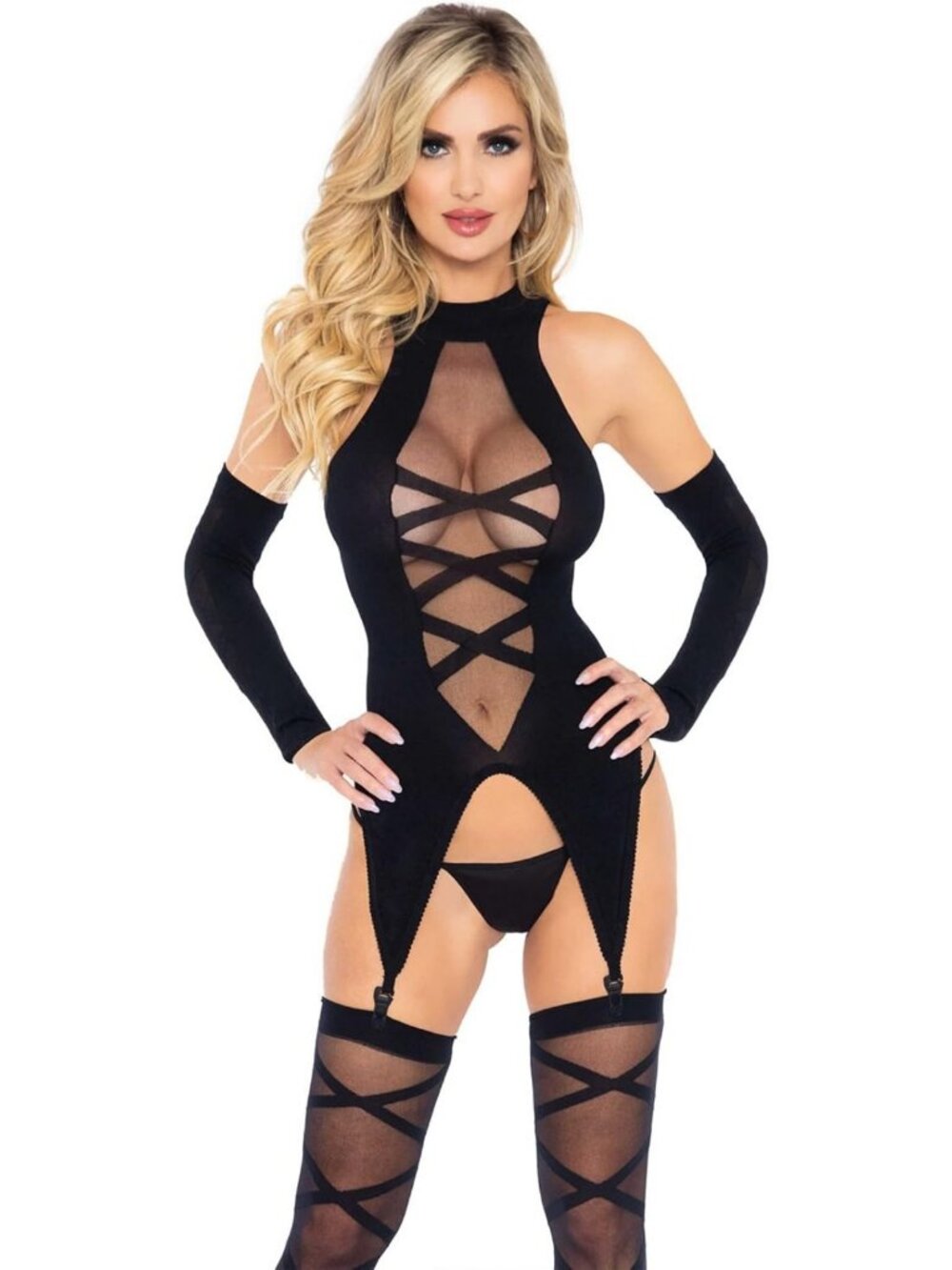 Cami Garter Lingerie Set with Stockings & Fingerless Gloves - Sexy Women's